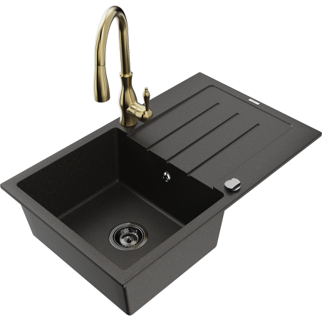 Mexen Bruno Granitspüle 1-beckig mit Abtropffläche und Küchenarmatur Savita, schwarz/gold metallic - 6513-75-672601-50-B