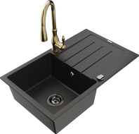 Mexen Bruno Granitspüle 1-Becken mit Abtropffläche und Küchenarmatur Savita, schwarz/goldener Metallic - 6513-75-672601-50-B