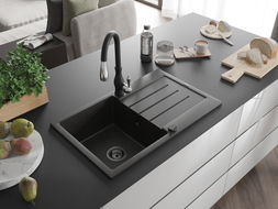 Mexen Bruno Granitspüle 1-Becken mit Abtropffläche und Küchenarmatur Savita, schwarz/gold metallic - 6513-75-672601-70-B