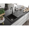 Mexen Bruno Granitspüle ein Becken mit Abtropffläche und Küchenarmatur Savita, schwarz/gold metallic - 6513-75-672601-70