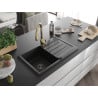 Mexen Bruno Granitspüle 1-beckig mit Abtropffläche und Küchenarmatur Savita, schwarz - 6513-77-672601-50-B