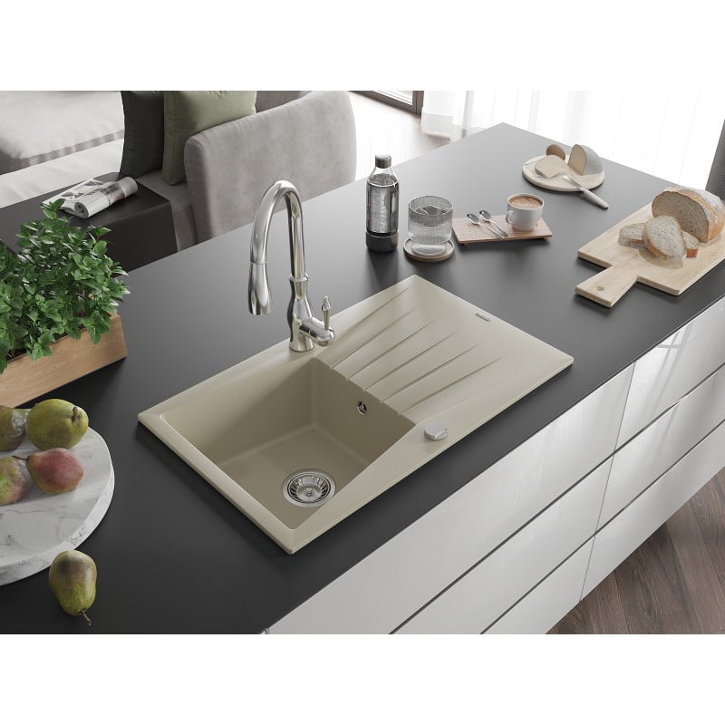 Mexen Cesar Granitspüle 1-Becken mit Abtropffläche und Küchenarmatur Savita, beige - 6514-69-672601-00