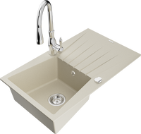 Mexen Cesar Granitspüle 1-Becken mit Abtropffläche und Küchenarmatur Savita, beige - 6514-69-672601-00