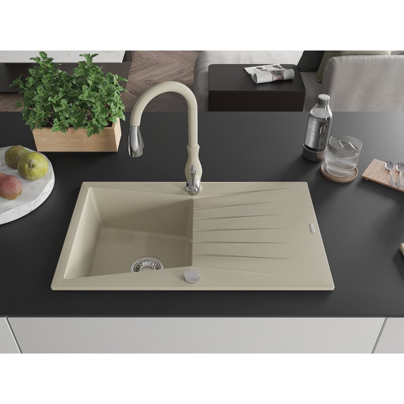 Mexen Cesar Granitspüle 1-becken mit Abtropffläche und Küchenarmatur Savita, beige - 6514-69-672601-69
