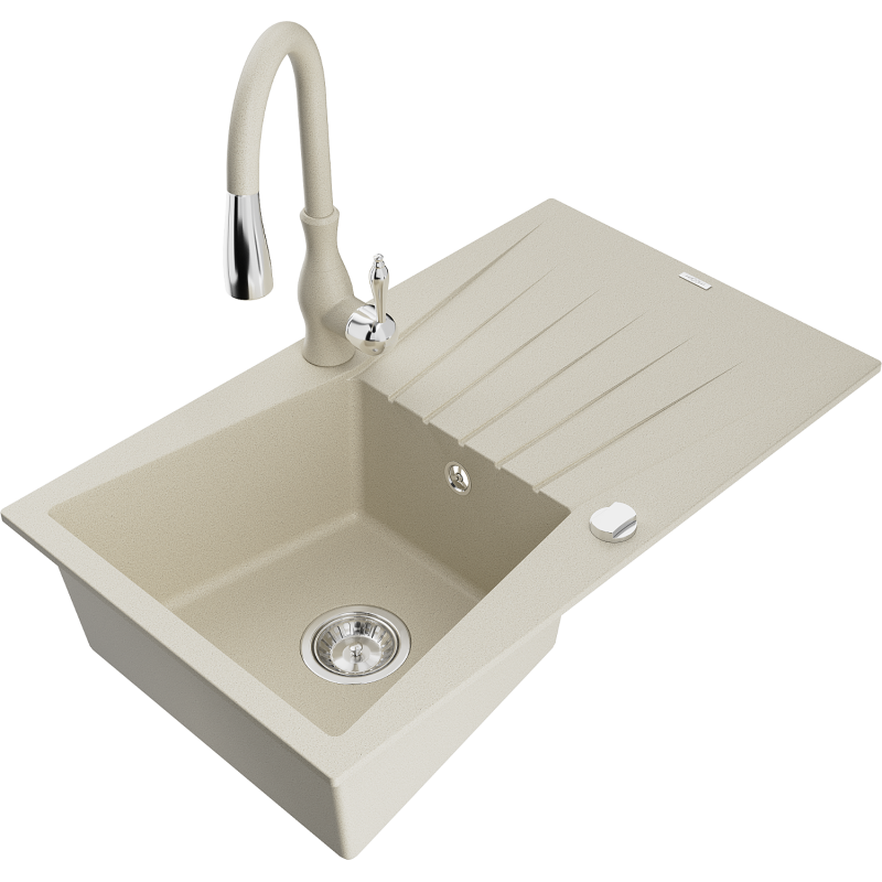 Mexen Cesar Granitspüle 1-becken mit Abtropffläche und Küchenarmatur Savita, beige - 6514-69-672601-69