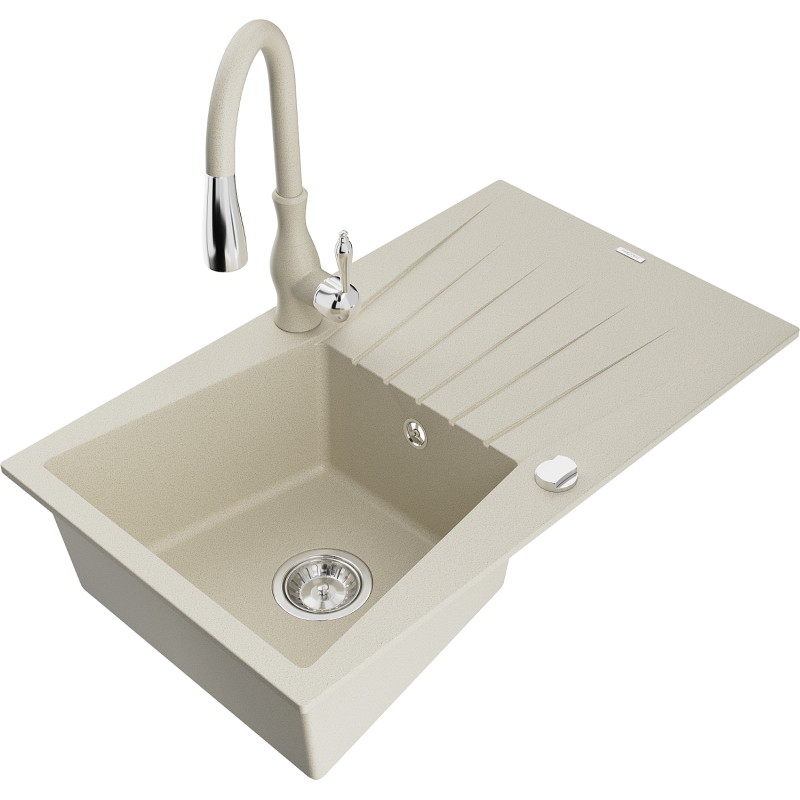 Mexen Cesar Granitspüle 1-beckig mit Abtropffläche und Küchenarmatur Savita, beige - 6514-69-672601-69