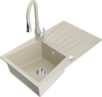 Mexen Cesar Granitspüle 1-becken mit Abtropffläche und Küchenarmatur Savita, beige - 6514-69-672601-69