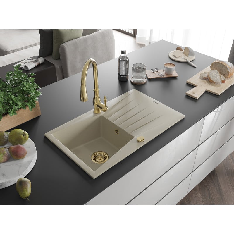Mexen Cesar Granitspüle 1-Becken mit Abtropffläche und Küchenarmatur Savita, beige - 6514-69-672601-50