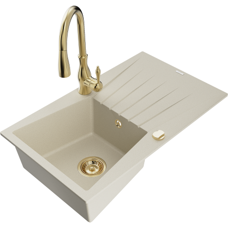 Mexen Cesar Granitspüle 1-Becken mit Abtropffläche und Küchenarmatur Savita, beige - 6514-69-672601-50