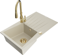 Mexen Cesar Granitspüle 1-Becken mit Abtropffläche und Küchenarmatur Savita, beige - 6514-69-672601-50