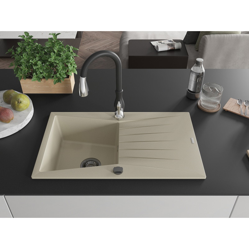 Mexen Cesar Granitspüle einteilig mit Abtropffläche und Küchenarmatur Savita, beige - 6514-69-672601-70