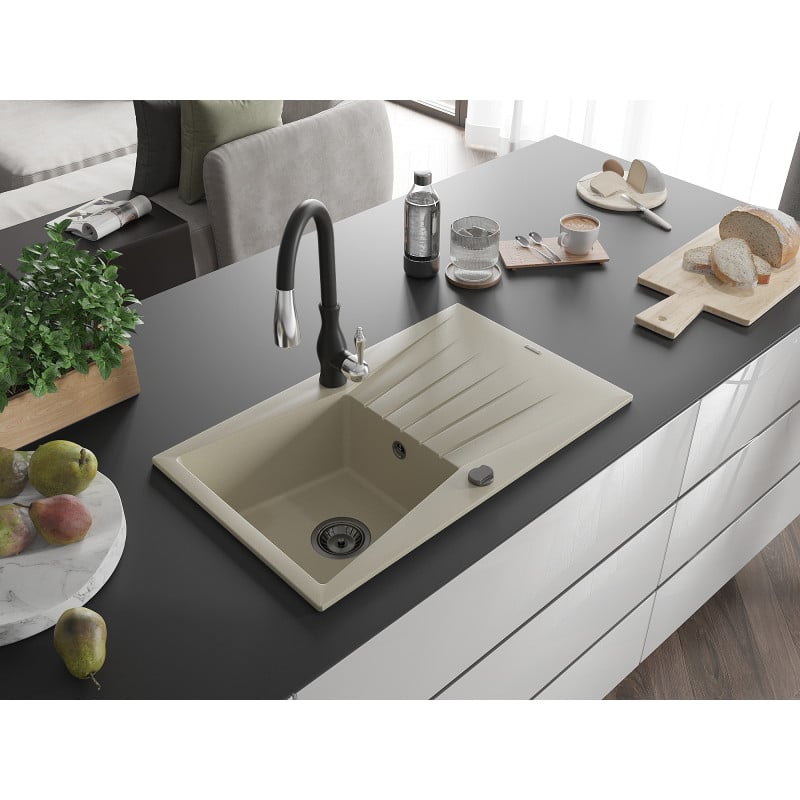 Mexen Cesar Granitspüle 1-Becken mit Abtropffläche und Küchenarmatur Savita, beige - 6514-69-672601-70