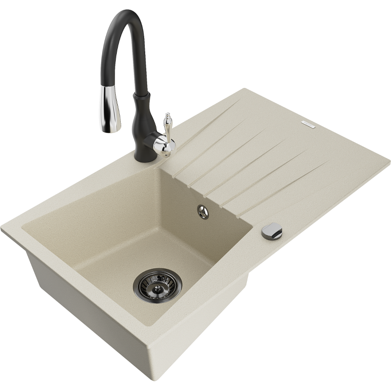 Mexen Cesar Granitspüle 1-Becken mit Abtropffläche und Küchenarmatur Savita, beige - 6514-69-672601-70