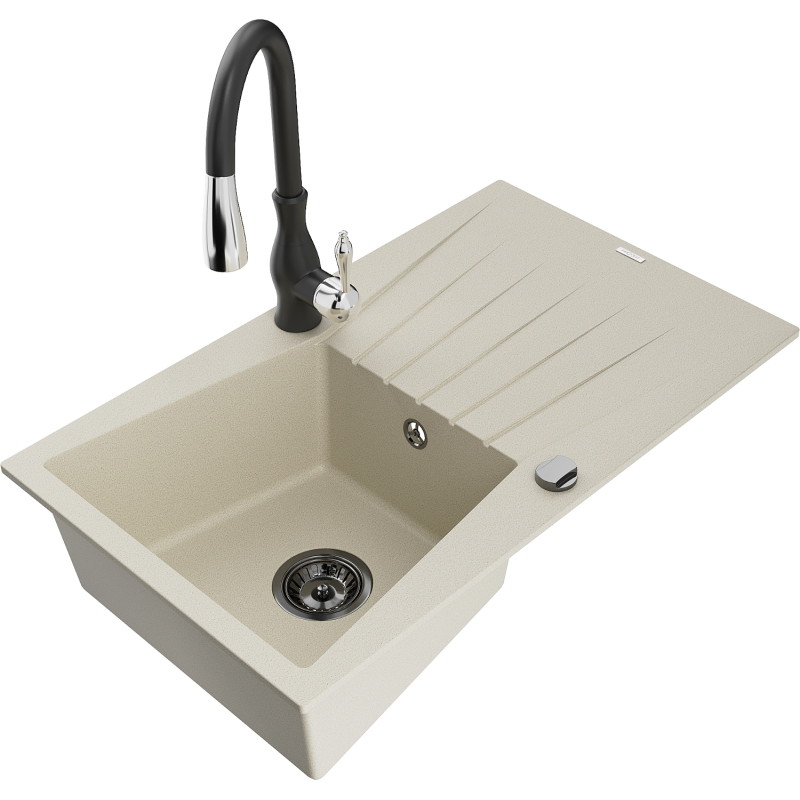 Mexen Cesar Granitspüle einteilig mit Abtropffläche und Küchenarmatur Savita, beige - 6514-69-672601-70