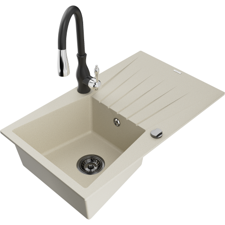 Mexen Cesar Granitspüle 1-Becken mit Abtropffläche und Küchenarmatur Savita, beige - 6514-69-672601-70