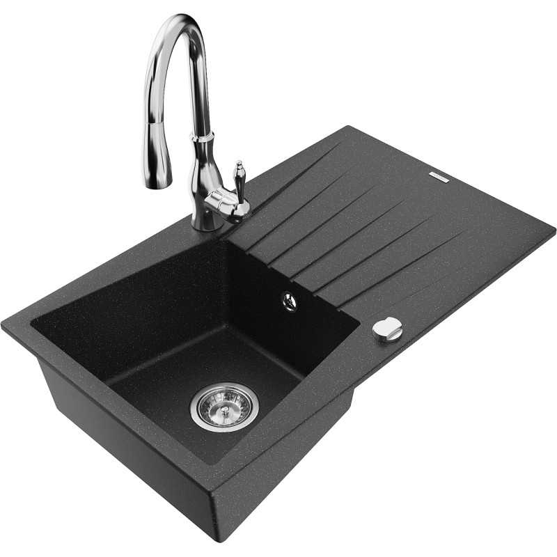 Mexen Cesar Granitspüle 1-becken mit Abtropfbereich und Küchenarmatur Savita, schwarz/silber-metallic - 6514-73-672601-00