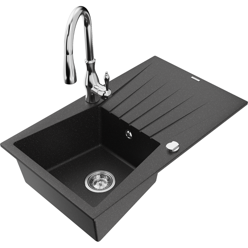 Mexen Cesar Granitspüle 1-Becken mit Abtropffläche und Küchenarmatur Savita, schwarz/silber metallic - 6514-73-672601-00