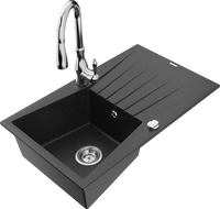 Mexen Cesar Granitspüle 1-Becken mit Abtropffläche und Küchenarmatur Savita, schwarz/silber metallic - 6514-73-672601-00
