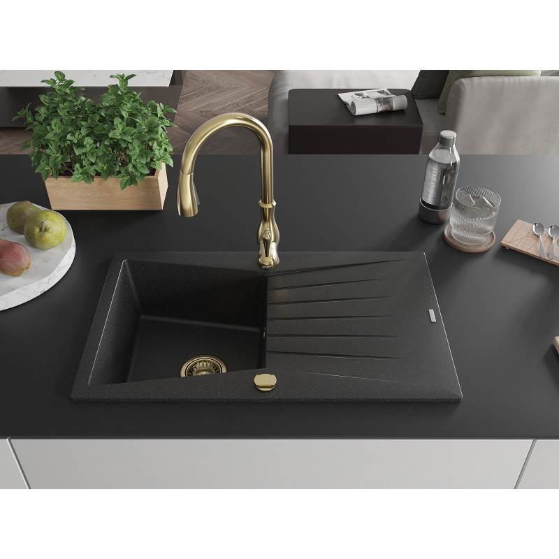 Mexen Cesar Granitspüle 1-Becken mit Abtropffläche und Küchenarmatur Savita, schwarz/silber metallic - 6514-73-672601-50