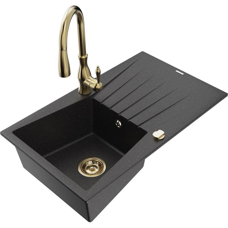 Mexen Cesar Granitspüle 1-Becken mit Abtropffläche und Küchenarmatur Savita, schwarz/silber metallic - 6514-73-672601-50