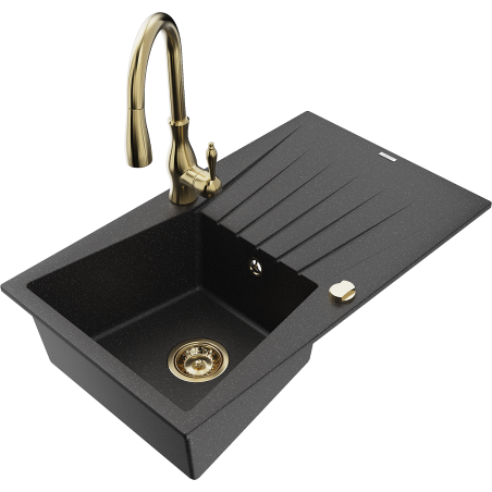 Mexen Cesar Granitspüle 1-Becken mit Abtropffläche und Küchenarmatur Savita, schwarz/silber metallic - 6514-73-672601-50