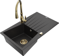 Mexen Cesar Granitspüle 1-Becken mit Abtropffläche und Küchenarmatur Savita, schwarz/silber metallic - 6514-73-672601-50