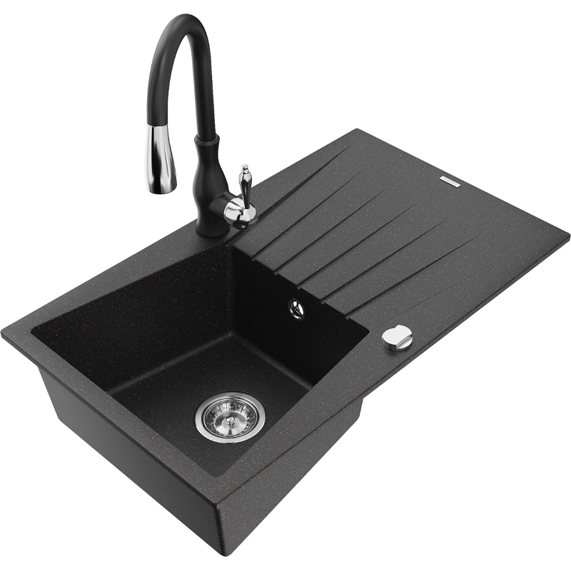 Mexen Cesar 1-Komponenten Granitspüle mit Abtropffläche und Küchenarmatur Savita, Schwarz/Silber Metallic - 6514-73-672601-70