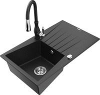 Mexen Cesar 1-Komponenten Granitspüle mit Abtropffläche und Küchenarmatur Savita, Schwarz/Silber Metallic - 6514-73-672601-70