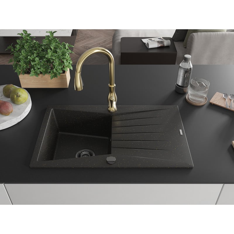 Mexen Cesar Granitspüle 1-Becken mit Abtropffläche und Küchenarmatur Savita, schwarz/gold metallisch - 6514-75-672601-50-B