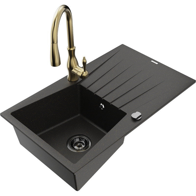 Mexen Cesar Granitspüle, 1-Becken mit Abtropffläche und Küchenarmatur Savita, schwarz/gold metallic - 6514-75-672601-50-B