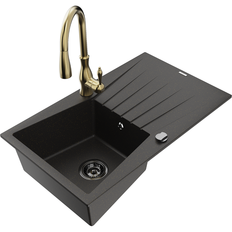 Mexen Cesar Granitspüle 1-Becken mit Abtropffläche und Küchenarmatur Savita, schwarz/gold metallisch - 6514-75-672601-50-B