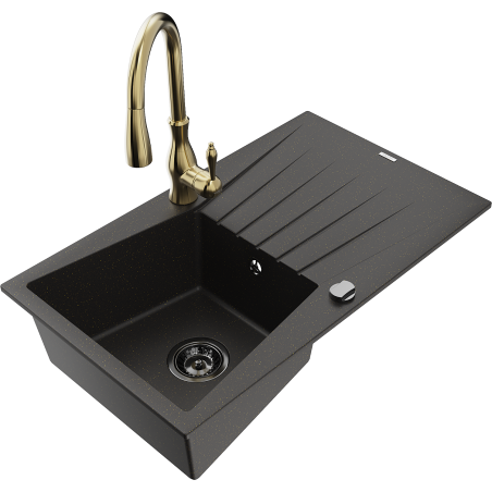 Mexen Cesar Granitspüle 1-Becken mit Abtropffläche und Küchenarmatur Savita, schwarz/gold metallisch - 6514-75-672601-50-B