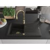 Mexen Cesar Granitspüle mit 1 Becken, Abtropffläche und Küchenarmatur Savita, schwarz/gold metallic - 6514-75-672601-50