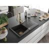 Mexen Cesar Granitspüle mit 1 Becken, Abtropffläche und Küchenarmatur Savita, schwarz/gold metallic - 6514-75-672601-50