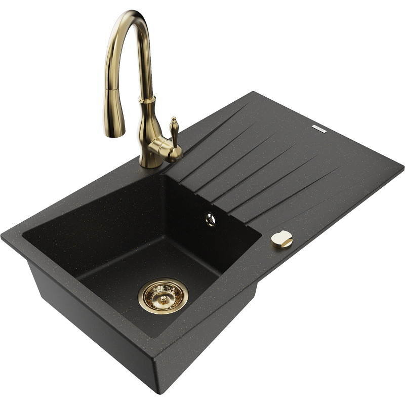 Mexen Cesar granitspüle 1-becken mit abtropffläche und küchenarmatur Savita, schwarz/gold metallic - 6514-75-672601-50