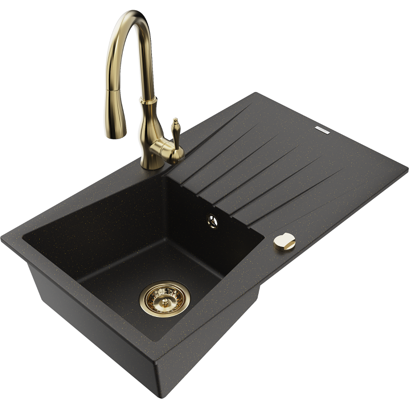Mexen Cesar Granitspüle mit 1 Becken, Abtropffläche und Küchenarmatur Savita, schwarz/gold metallic - 6514-75-672601-50