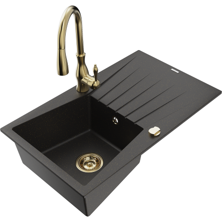 Mexen Cesar Granitspüle mit 1 Becken, Abtropffläche und Küchenarmatur Savita, schwarz/gold metallic - 6514-75-672601-50