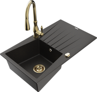 Mexen Cesar Granitspüle mit 1 Becken, Abtropffläche und Küchenarmatur Savita, schwarz/gold metallic - 6514-75-672601-50