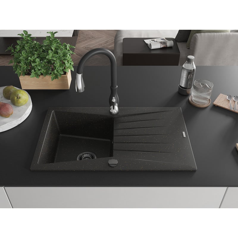 Mexen Cesar Granitspüle 1-beckig mit Abtropffläche und Küchenarmatur Savita, schwarz/gold metallic - 6514-75-672601-70-B