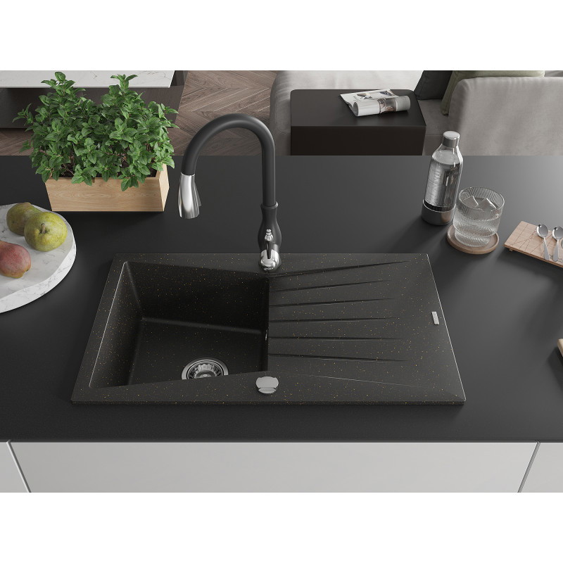 Mexen Cesar Granit-Spüle 1-Becken mit Abtropffläche und Küchenarmatur Savita, schwarz/gold metallic - 6514-75-672601-70
