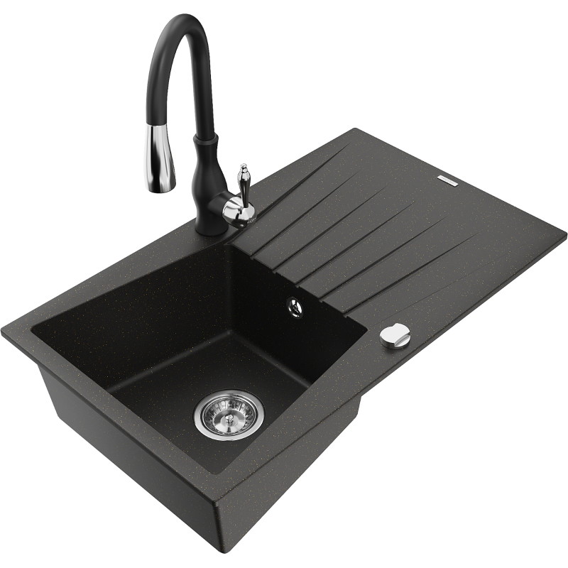 Mexen Cesar 1-Kammer-Granispüle mit Abtropffläche und Küchenarmatur Savita, schwarz/golden metallic - 6514-75-672601-70