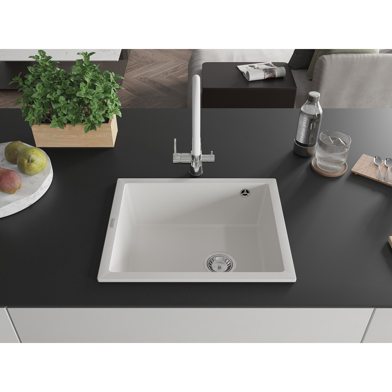 Mexen Pedro Granitspüle 1-becken 560 x 460 mm, weiß, Siphon Chrom - 6508561000-20