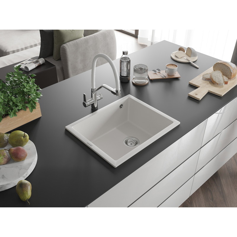 Mexen Pedro Granitspüle 1-becken 560 x 460 mm, weiß, Siphon Chrom - 6508561000-20