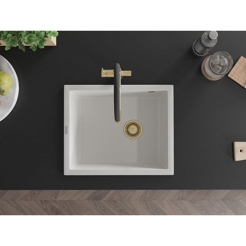 Mexen Pedro Granitspüle 1-Becken 560 x 460 mm, weiß, goldener Siphon - 6508561000-20-G