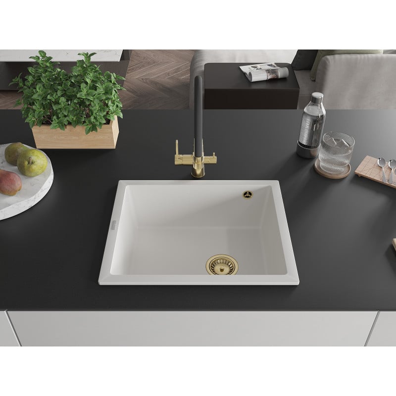 Mexen Pedro Granitspüle 1-Becken 560 x 460 mm, weiß, goldener Siphon - 6508561000-20-G