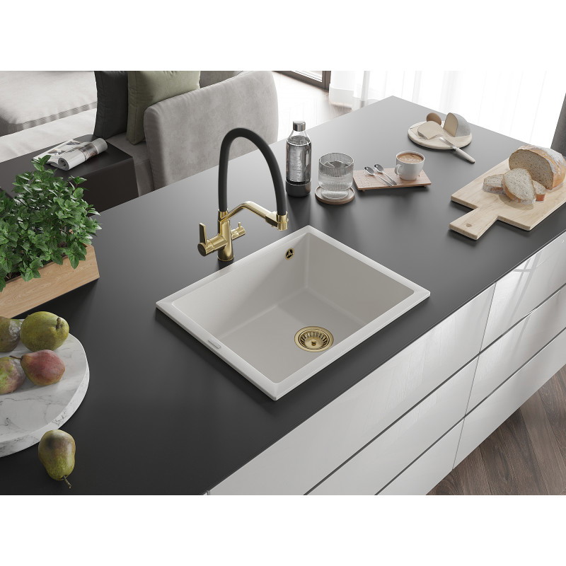 Mexen Pedro Granitspüle 1-Becken 560 x 460 mm, weiß, goldener Siphon - 6508561000-20-G