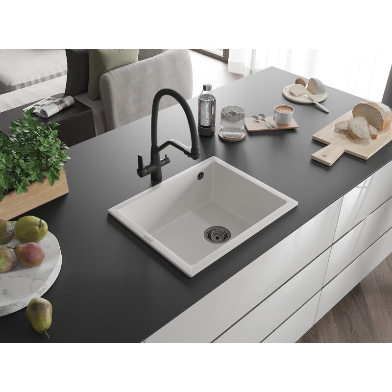 Mexen Pedro Granitspüle 1-beckig 560 x 460 mm, weiß, Siphon schwarz - 6508561000-20-B