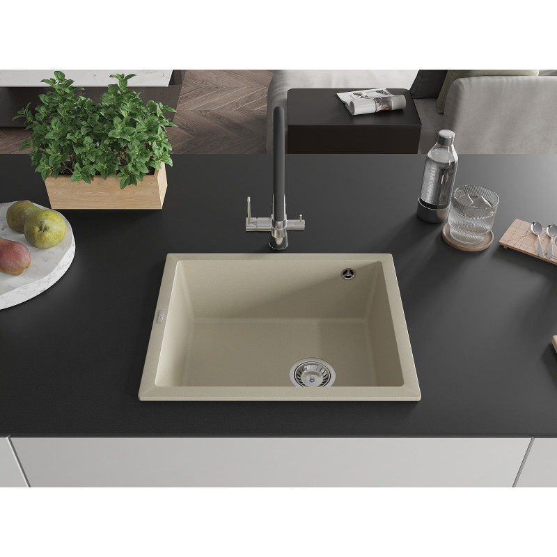 Mexen Pedro Granitspüle 1-beckig 560 x 460 mm, beige, Siphon chrom - 6508561000-69