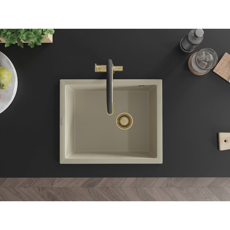 Mexen Pedro Granitspüle 1-becken 560 x 460 mm, beige, goldener Siphon - 6508561000-69-G