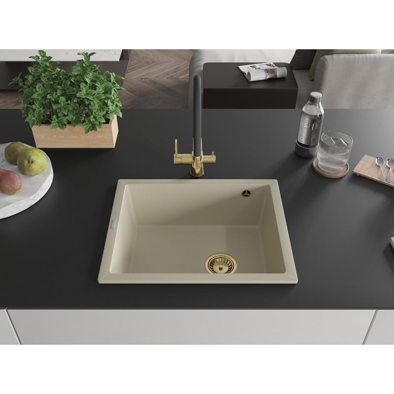 Mexen Pedro Granitspüle 1-becken 560 x 460 mm, beige, goldener Siphon - 6508561000-69-G